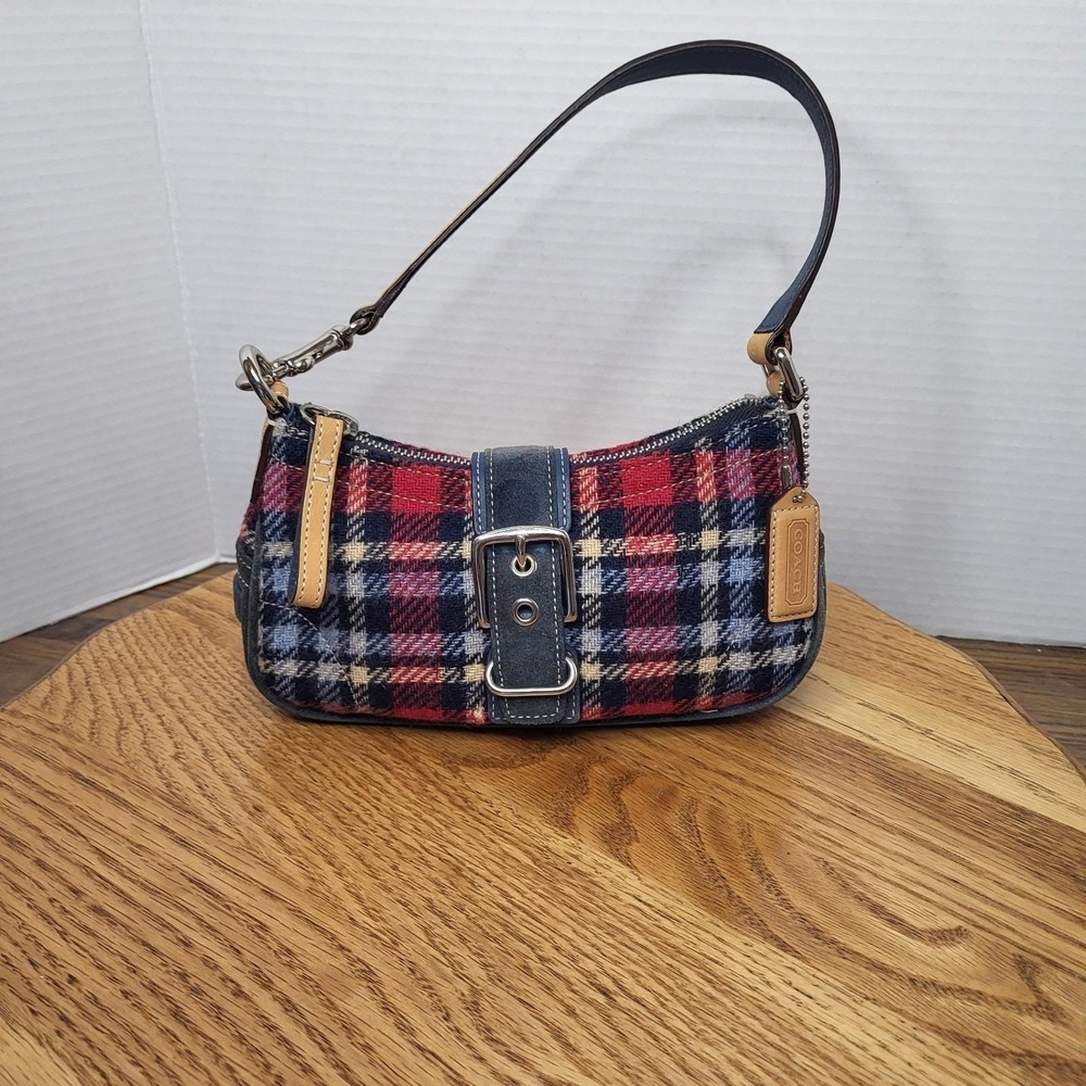 Coach Red and Navy Plaid Wool Satchel with Leather Trim